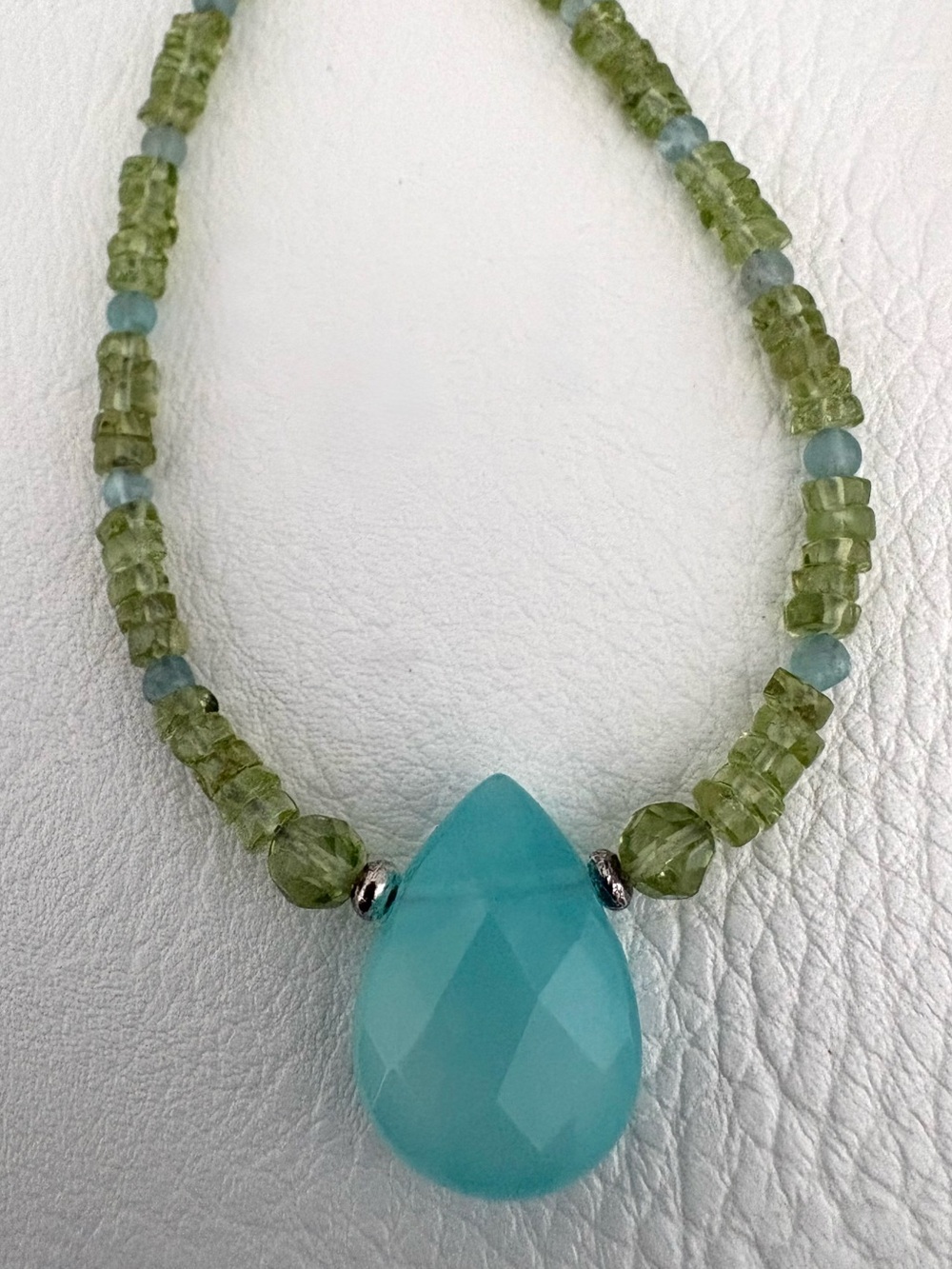 Teardrop  Chalcedony Pendant Necklace with Peridot and Apatite Beads